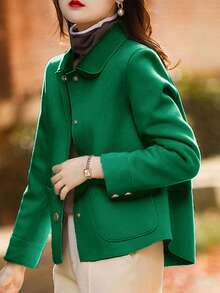 欧美时尚简约大码女式翻领单排扣高质感短款外套慵懒休闲纯色长袖复古气质宽松时尚衬衫舒秋装大码 - 綠色 - 查看 4