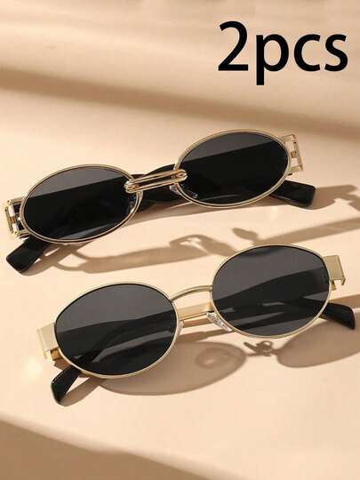 2 pièces Lunettes de mode rétro ovales en métal, lunettes décoratives haut de gamme à la mode pour le printemps/été