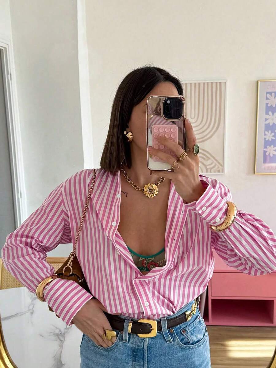 女士休闲宽松条纹长袖衬衫，撞色设计，适合秋冬春季穿着 - 淺粉色 - 查看 1