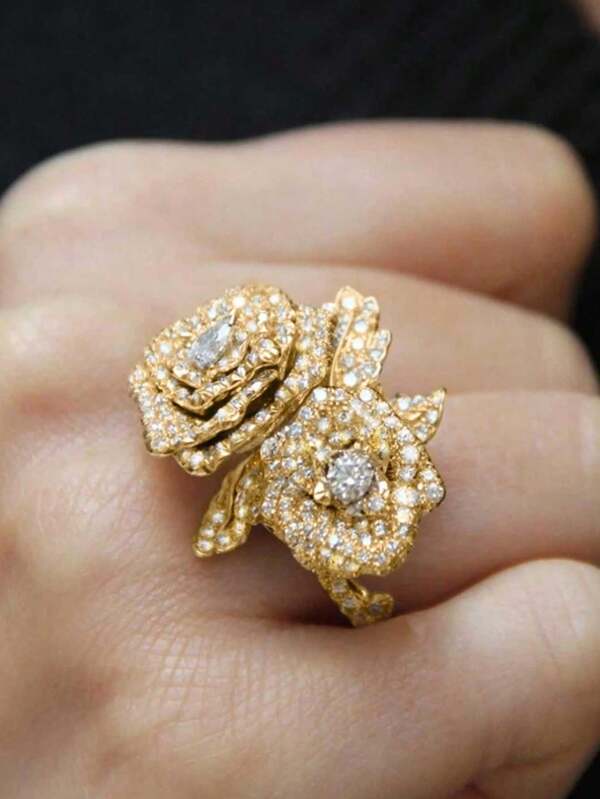 1枚奢华双玫瑰花黄色几何戒指，合成立方氧化锆首饰，女士礼品