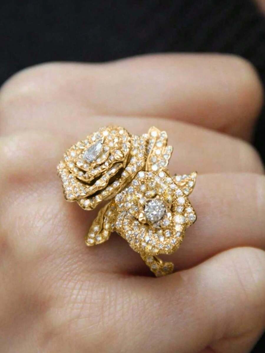 1枚奢华双玫瑰花黄色几何戒指，合成立方氧化锆首饰，女士礼品 - 黃色 - 查看 1