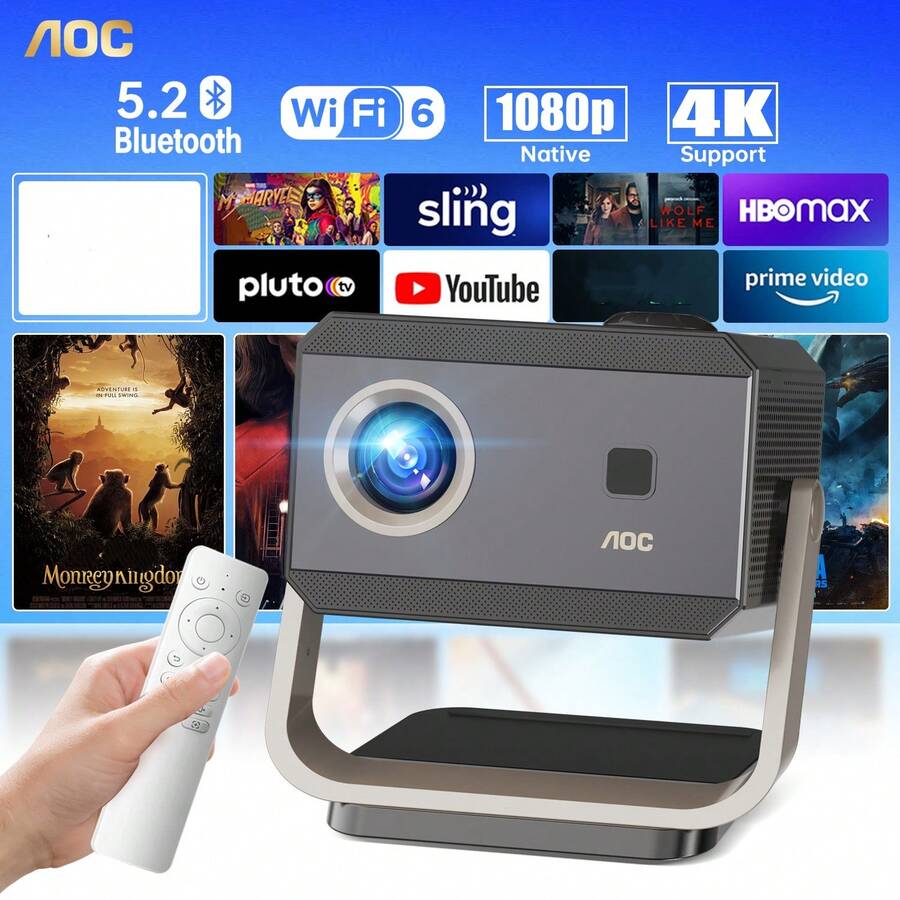AOC Portable Projector Full HD 4K/1080p, Auto Focus, Auto Keystone Correction, Adjustable Angle, Wi-Fi 6 & Bluetooth, 15000 Lumens, Compatible With IOS/Android/PC For Work And Gaming