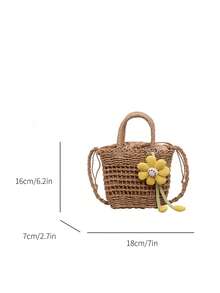 BEIKAMU New Khaki Woven Mesh Bag, Floral Decor Drawstring Tote Basket Bag, Handheld & Crossbody Versatile Beach Bag For Women - Khaki - View 3