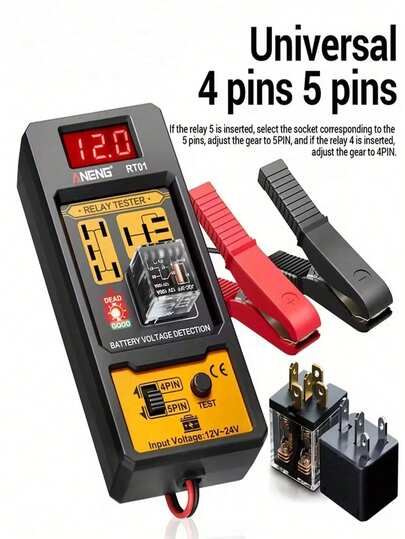 12V-24V Automotive Relay Tester With Digital Display And Automatic 4/5 Pin Relay Test, Portable Car Diagnostic Tool With Alligator Clips, Suitable For Vehicle Wiring System (No Battery Required)