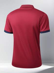 1PC Men's Summer Contrast Collar Horse Print Polo Shirt - Ice Silk Quick-Dry Breathable Business Casual Tops For Commute - Burgundy - View 2