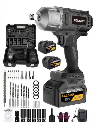 Llave De Impacto Sin Escobillas 1350 N.m, 1/2 Pulgada, 3 Niveles De Torque Con Luz Led, 2 Baterías 6000mAh Compatible 21V