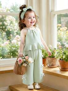 Baby Girls' Solid Color Spaghetti Strap Bowknot Ruffle Hem Top And Straight Leg Pants 2 Piece Outfit, Suitable For Daily Outings, Spring/Summer - Mint Green - View 4