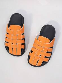 1双女童米色编织厚底防滑拖鞋，适合日常休闲穿着 - 亮橙色 - 查看 7
