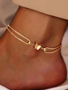 1pc Women Anklet, Matte Butterfly Box Chain, Low Allergy Stainless Steel, Suitable For Daily Wear & Vacation - Gold - View 2