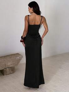 Solid Color Elegant Sexy Party Knit Fabric Pleated Ruffle Backless Dress, Suitable For Formal Dinner, Vacation, Beach, Spring/Summer Black - Black - View 3