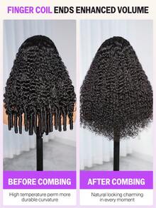 MEGALOOK 13x6 Lace Max Wig Deep Curly With Finger Coil Ends Three-Go™ Real Glueless Human Hair Wig Transparent Lace Frontal Pre Plucked Hairline Pre-Bleached Knots Jerry Curl Human Hair Wig With Drawstring 180% Density 18-30inch - Natural Black - View 6