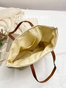 草编手提包，大容量休闲女士单肩包，适合海滩度假 - 米色 - 查看 11