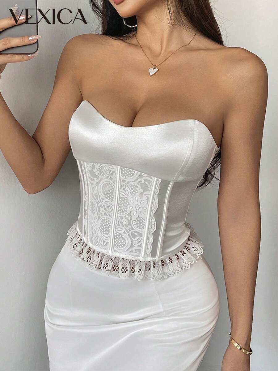 Vexica 女士性感优雅白色法式蕾丝缎面抹胸露背吊带背心，浪漫新娘送礼会及婚礼宾客春夏度假装扮 - 白色 - 查看 1