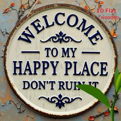 1 件 2D 平面木质欢迎牌 - “欢迎来到我的快乐天地，请勿损坏” - 尺寸 19.81 x 19.81 厘米，复古花卉装饰墙饰，适用于家居、门廊、花园、咖啡馆、酒吧等场所，预留孔位如图所示