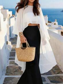 Women's Summer Vacation Casual Beach Cover-Up Chiffon Cover Up, Romantic White Long Sleeve Round Neck Woven Fabric Cover-Up - White - View 3