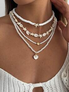 Set de 4 collares multicapa con cuentas de perla falsa, arcilla suave, concha y estrella de mar con estilo de vacaciones oceánicas, elegante y lujoso, adecuado para boda, fiesta, vacaciones, casual, estilo callejero, mujeres y parejas, regalo de vacaciones y cumpleaños - collar - Ver 3