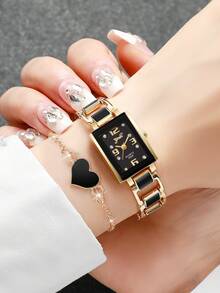 2pcs/Set Women's Gift Watch With Square Dial, Rhinestone Scales, Elegant Quartz Wristwatch + Heart-Shaped Bracelet (Watch Box Not Included) - Black - View 2