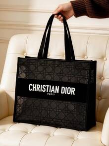 Dior 蕾丝网眼手提袋，大容量购物袋，2026春夏新款时尚单品，旅行必备，便携式洗漱包，大容量化妆包，网眼收纳袋 - 黑色 - 查看 7