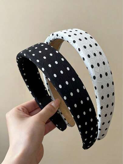 2pcs Women's Minimalist Black & White Polka Dot Headbands, High Crown Non-Slip Hair Clips, Elegant Wide-Edge Headwraps Suitable For Daily, Casual, Beach Vacation, Gifting, Dating, Commuting And More