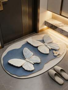 1 pieza Felpudo de múltiples usos con efecto visual 3D de flores y mariposas, de secado rápido - Lavar a mano solamente, con estampado, forma ovalada de alfombra de baño, alfombra de baño, alfombra de puerta, alfombra pequeña, alfombra, felpudo, decoración del hogar, alfombra de área, felpudo de exterior, decoración del hogar, alfombra de área, alfombra de dormitorio, alfombra lavable - Multicolor 2 - Ver 3