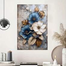Blue White Flowers Gold Leaves Vintage Rustic Canvas Wall Art - Unframed Poster- Home & Office Decor For Living Room, Bedroom, Kitchen & Cafe - A - View 4
