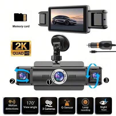 3-Channel Dashcam With Night Vision, 1440P Front Camera + 720P Left/Right Cameras, LED Display, Physical Buttons, Parking Monitoring, Loop Recording. Optional Memory Card For The Car Recorder.
