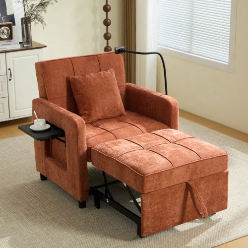 Two-In-One Sleeper Chair, Single Sleeper Sofa, Chenille Armchair (With Cushions And Side Pockets), With A Small Table On One Side And A Storage Bag On The Other, Complete - 橘色 - 查看 1