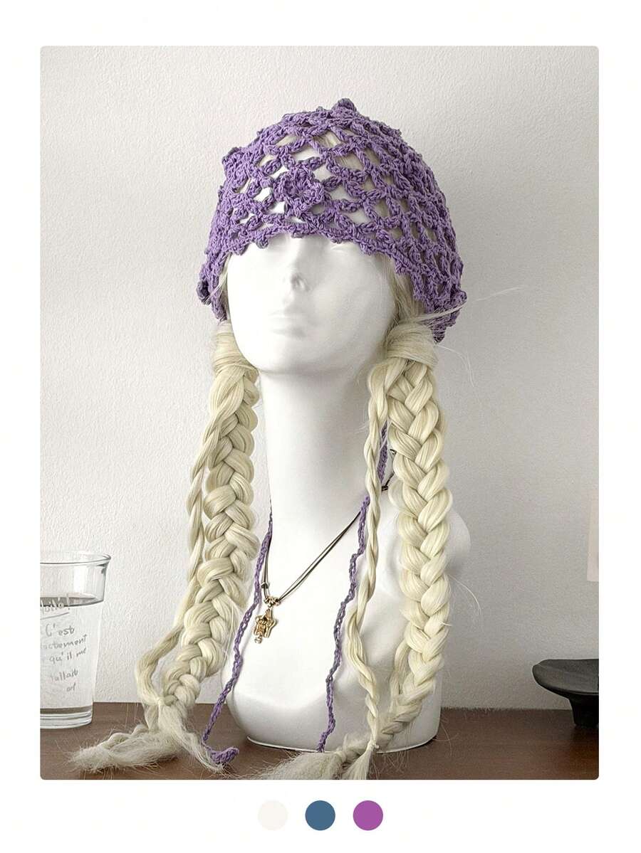 Handmade Crochet Hollow Out Beanie Hat, New Spring Tassel Tie Breathable Knit Mesh Cap, Small Face Flattering, Handmade Crochet Hollow Floral Beanie Hat, Large Head Circumference Knit Cap, Summer - Multicolor - View 1
