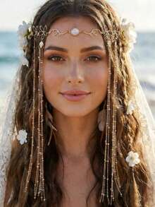 1 chiếc dây chuyền tua rua đính hạt vàng, phụ kiện tóc trang sức dành cho nữ, thích hợp cho đám cưới, đi biển, du lịch. - Vàng - Xem 1