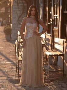 Faeriesty Đầm dạ hội nữ màu sâm panh không dây vai, đính sequin, phối họa tiết bất đối xứng, xếp nếp, sang trọng cao cấp, thiết kế thanh lịch, phù hợp cho đám cưới, chụp ảnh cưới, kỷ niệm ngày cưới, tiệc tối trang trọng, tiệc ngoài trời và các dịp khác vào mùa xuân. - Rượu sâm banh - Xem 6