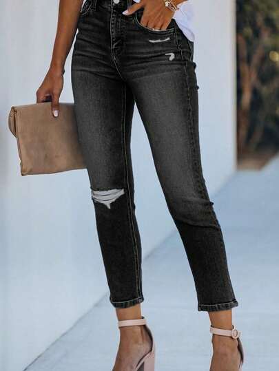 Women's Basic Ripped Distressed Skinny Jeans, Minimalist European And American Style Casual Spring