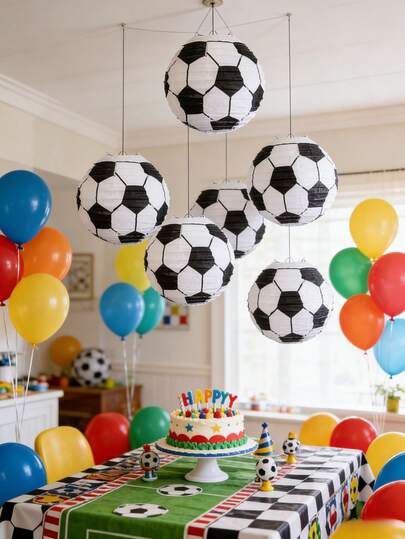 3/6Pcs Soccer Party Paper Lanterns With Fish Line - Black & White, Iron Frame, Perfect For Sports Themed Birthday Decorations And Table Centerpieces, Sports-Themed Parties & Decorations, Party Decorations , Soccer Theme Decor