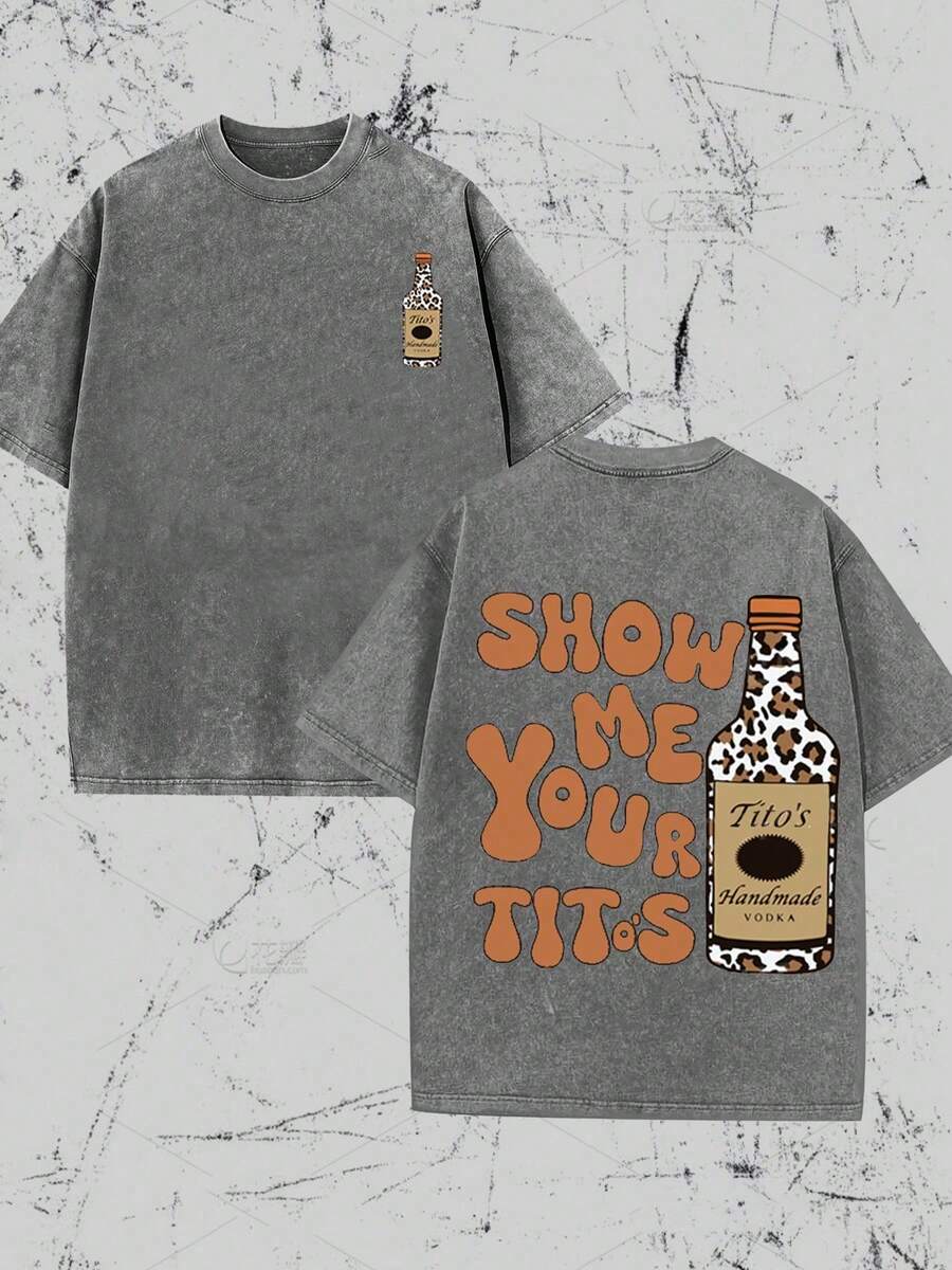 Vintage Style, Tito's Vodka Lovers, Leopard Print, Humorous Slogan "SHOW ME YOU TITOS", Washed, Double-Sided Printed Vintage T-Shirt… Casual Retro T-Shirt, Men's Leisure T-Shirt, Machine Washable And Washable; Cool Design T-Shirt, Durable And Comfortable Material, Street Style Flair, A Must-Have For Street Style Fans, High-Quality Sportswear, Suitable For Everyday Wear, Dates, Leisure Looks, Ideal As A Gift, The First Choice For Giving As A Present. - 灰色 - 查看 1