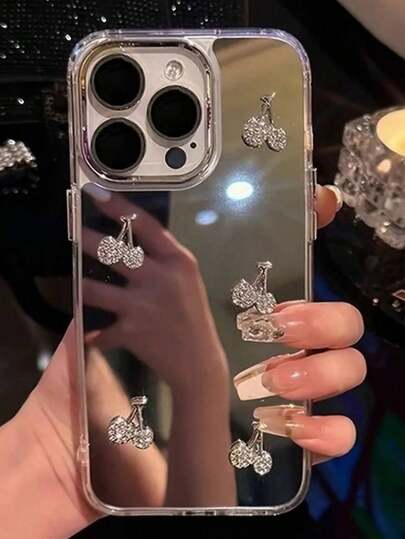 3D Rhinestone Cherry Mirror Phone Case For IPhone 17 Pro Max/17 Pro/17, 16 Pro Max/16 Pro/16, 15 Pro Max/15 Pro/15, 14 Pro Max/14 Pro/14, New 13 Pro Max/13 Pro/13, Minimalist & Fashionable