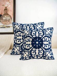 1/2pcs Floral Embroidered Decorative Pillow Covers, Multiple Sizes Available, Suitable For Various Rooms (Without Pillow Insert) - Beige Base Fabric With Blue Embroidery 1150 - View 13