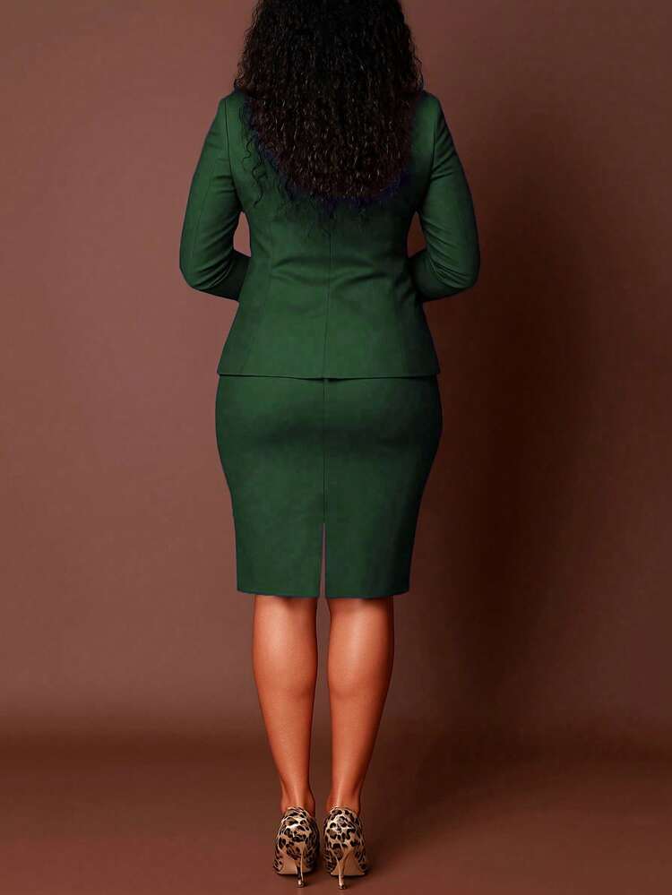 Women's Elegant Navy Blue Suit Set, Includes Pointed Collar Blazer Jacket And Pencil Skirt With Back Zipper For Easy Wear, Suitable For Office Spring - Dark Green - View 3