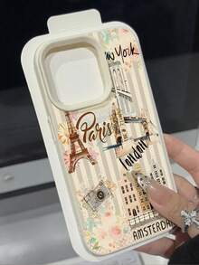 1件装 时尚个性化旅行城市伦敦巴黎纽约图案荔枝纹理防摔防滑软手机壳保护套 兼容苹果手机 - 彩色 - 查看 2