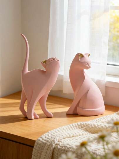 Cute Pink Abstract Cat Figurine Modern Resin Pet Lover Sculpture With Gold Accents, Elegant Home Decor For Living Room, Bedroom Shelf, Entryway, Office Desk, Ideal Gift For Cat Moms, Animal Enthusiasts, Housewarming & Birthday, Boho Accent Art