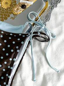 Women's Retro Polka Dot & Pork Chop Print Sexy Bikini Set, Light Blue & Brown Polka Dot Asymmetric A-Line Sleeveless Short Bikini, Suitable For Winter, Outings, Birthday, Casual, Millennium, Western Style, Nightclub, Beach - 藍棕色 - 查看 9