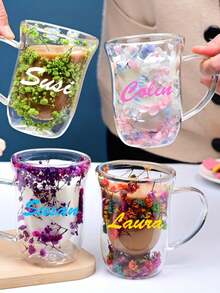 Customized Text LOGO Double-Layer Glass Starry Sky Dried Flower Cup, Creative Minimalist Heatproof Handled Coffee Cup With Dried Flowers, Couples Gift - Multicolor - View 7