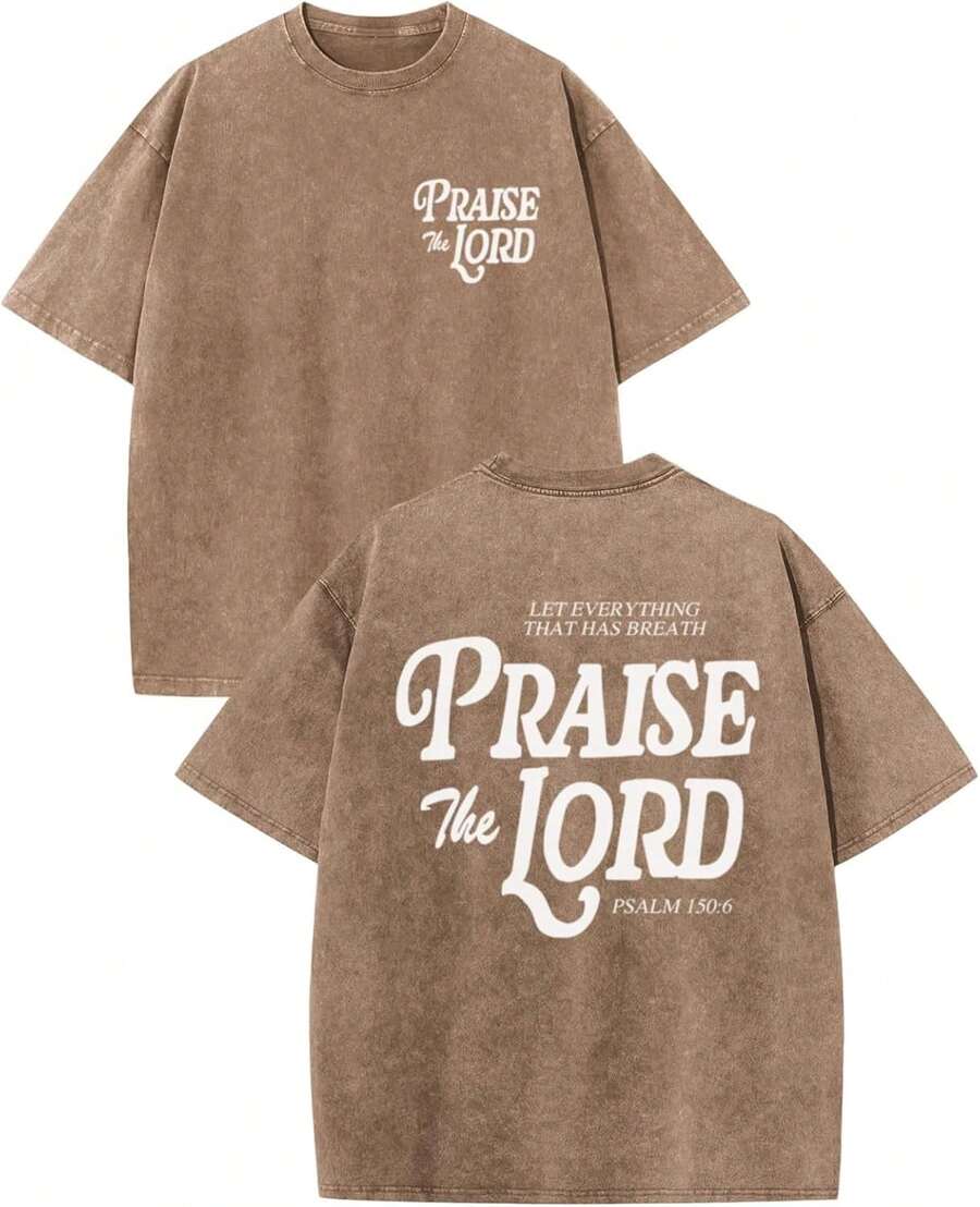 100% Cotton Christian Jesus Shirts For Men Religious Praise The Lord Bible Verse Shirt Oversized Graphic Tees Acid Wash Tshirt- Unisex Women's & Men - 棕色 - 查看 1
