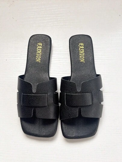 صندل نسائي مسطح، موضة تصميم مربع الأصبع باللون الأسود مطبوع بنقشة التمساح والزهور، مناسب للفساتين، صيفي