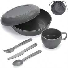 Berglander Juego de medición de camping con cuenco plato taza cuchara tenedor cuchillo y bolsa de transporte equipo de camping para viajes picnic fácil de transportar y limpiar - 2. gris - Ver 1