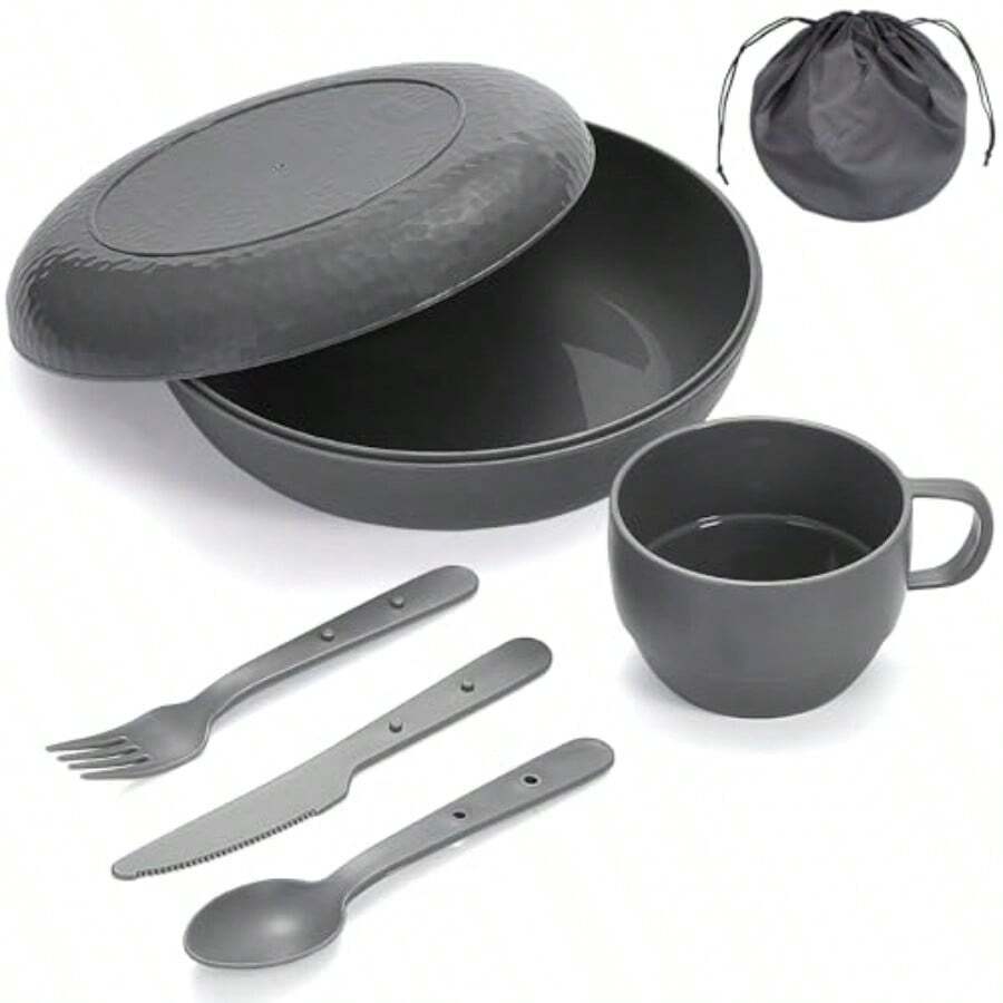 Berglander Juego de medición de camping con cuenco plato taza cuchara tenedor cuchillo y bolsa de transporte equipo de camping para viajes picnic fácil de transportar y limpiar - 2. gris - Ver 1