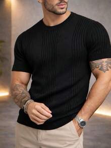 TRICOT DE LUXO Men's T-Shirt/Knit Sweater With Ribbed Details, Chic, Lightweight, High Quality, Spring, Summer, Autumn - 黑色 - 查看 2