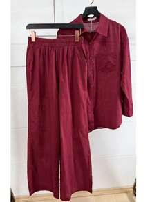 Linen Shirt And Pants Set (2 Pieces), Lined With Elastic. - 酒紅 - 查看 1