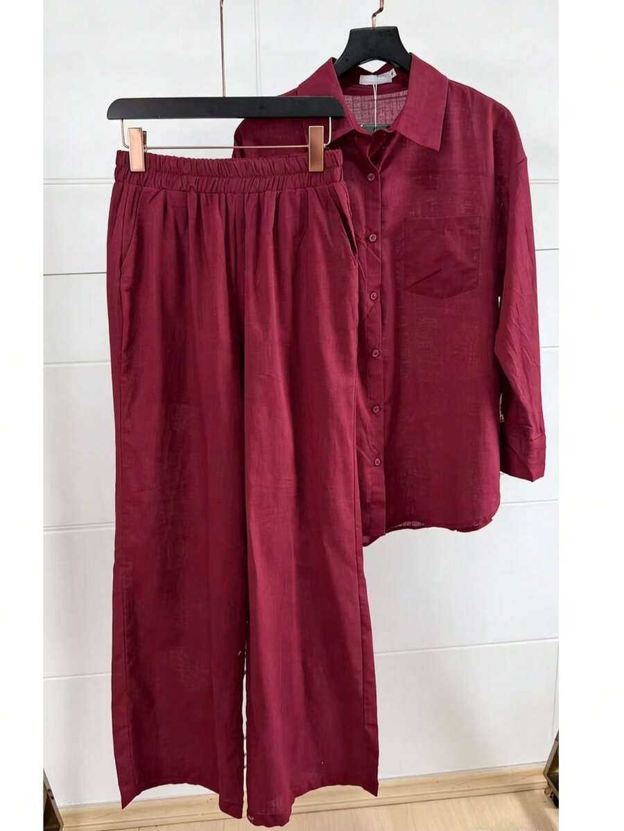 Linen Shirt And Pants Set (2 Pieces), Lined With Elastic. - 酒紅 - 查看 1