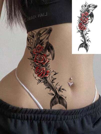 1pc Sexy Sci-Fi Dolphin + Floral Temporary Tattoo Sticker, Allow You To Express Your Personalized, Can Cover Scars And Wounds, Add Unique Charm To Your Skin, Suitable For Waist, Arms, Unisex, Easy To Apply And Remove, Professionally Made