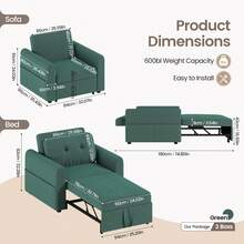 Jooli H Single Seater Sofa Bed, 3-In-1 Convertible Pull Out Sleeper Sofa With 3-Position Adjustable Backrest, Side Pockets For Living Room, Guest Room, Green - Green - Single Seat - View 2