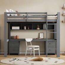 Loft Bed 90 X 200 Cm, Children's Bed, Bunk Bed, Table Underneath, Large Storage Space, High Guardrail, Sturdy Staircase, Grey - Dark Grey - View 2